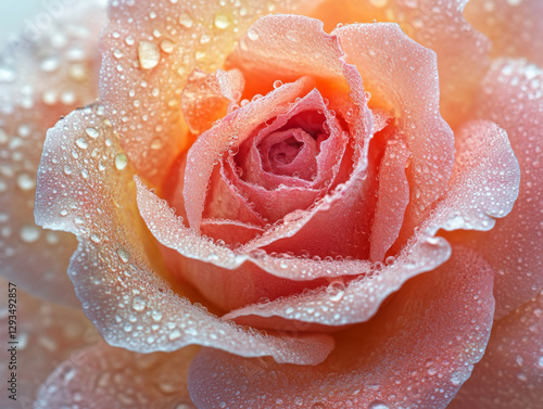 An exquisite macro shot of a pink rose in full bloom, delicately adorned with glistening water droplets