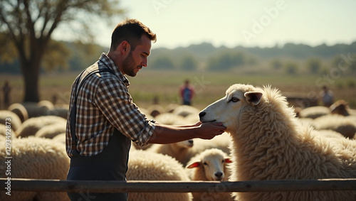 A man is gently petting a sheep while looking at the camera. The scene unfolds on a sunny farm with multiple sheep in the background, creating a serene rural atmosphere photo