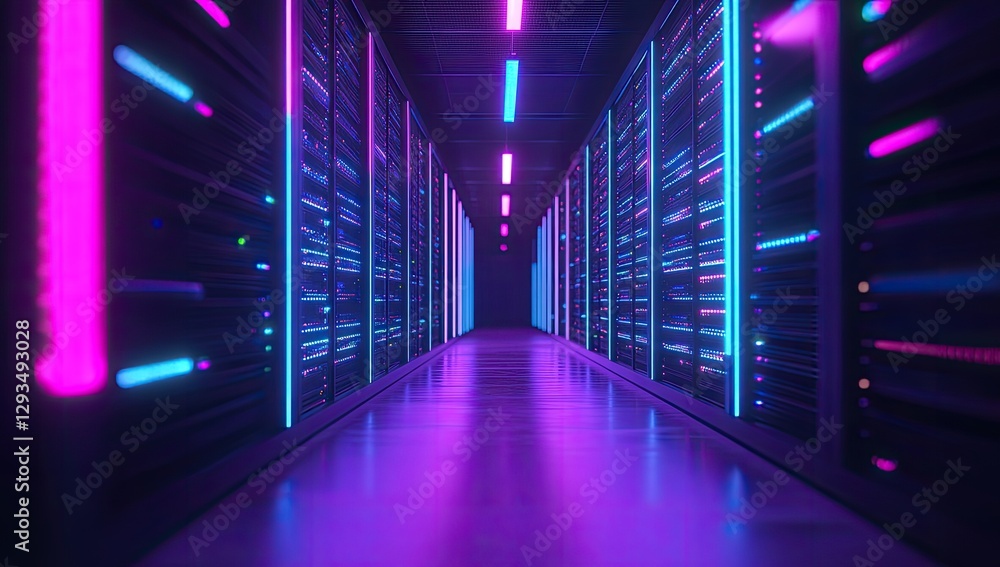 Fototapeta premium Neon-lit server room hallway