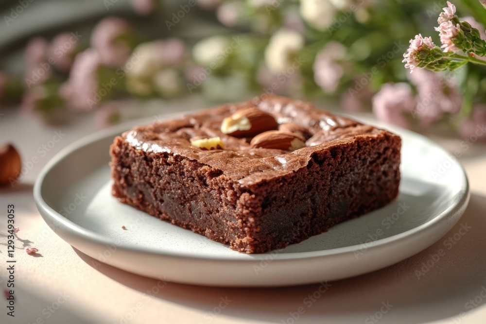 A delectable brownie, perfectly square and generously studded with nuts, sits invitingly on a simple, elegant plate, bathed in soft, inviting light A delectable brownie, perfectly square and generously studded with nuts, sits invitingly on a simple, elegant plate, bathed in soft, inviting light