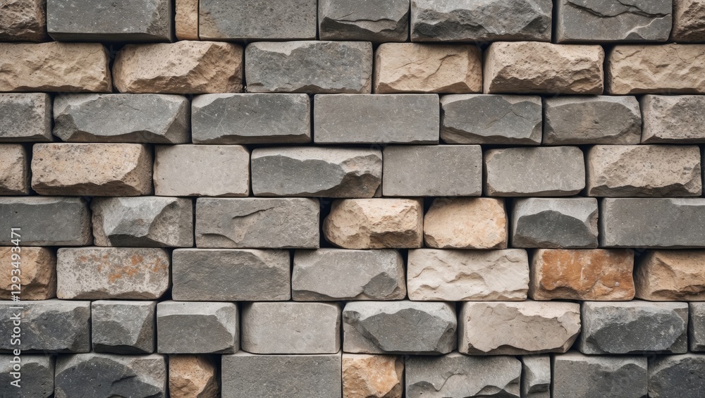 Textured wall of unevenly stacked square stone blocks in various shades showcasing natural stone patterns and earthy tones. Textured wall of unevenly stacked square stone blocks in various shades showcasing natural stone patterns and earthy tones.