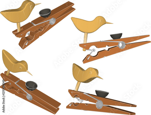 vector illustration of a wooden clip toy design in the shape of a bird eating in a small bowl