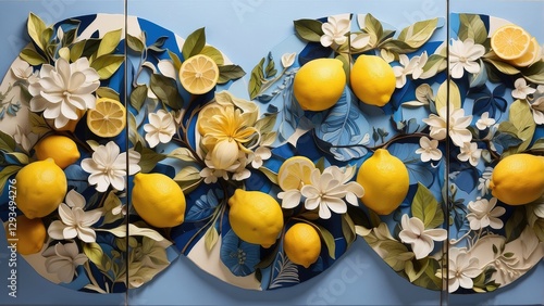 A collage of five decorative panels featuring lemon and floral themes.