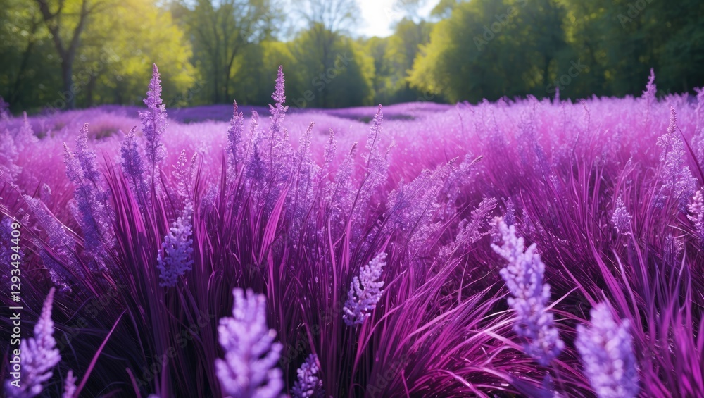 Fototapeta premium Vibrant violet and magenta grass field under bright sunlight showcasing lush greenery and scenic beauty in nature.