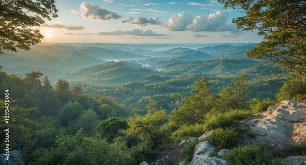 Scenic Mountain View at Sunrise with Lush Greenery and Open Space for Text Overlays Scenic Mountain View at Sunrise with Lush Greenery and Open Space for Text Overlays