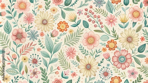 Whimsical floral stitch wallpaper featuring pastel-colored flowers and leaves in a repeating pattern, folk art, nature-inspired, vintage inspired, patchwork designs, textiles