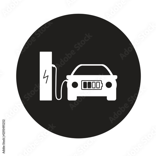 Round icon of electric car at charging station.