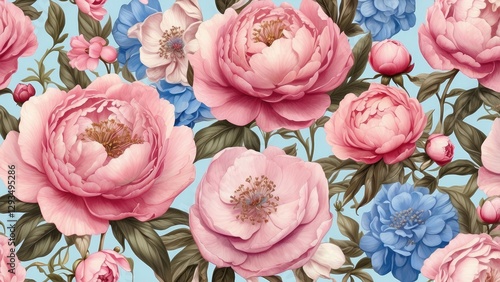 A collage of four floral-themed designs featuring pink peony flowers and blue forget-me-nots.