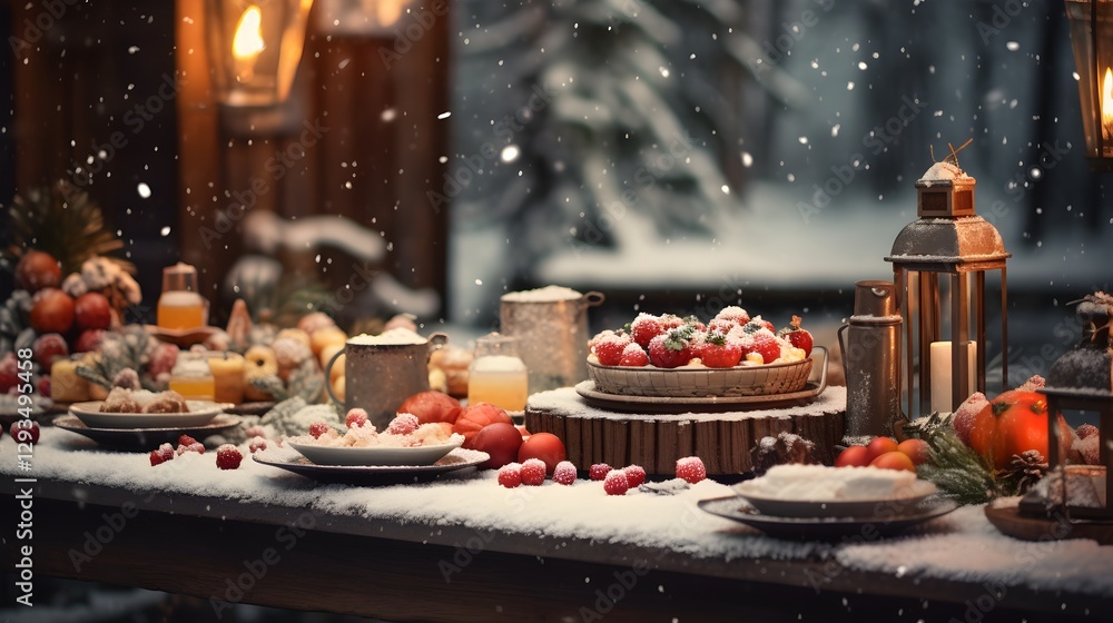 Fototapeta premium Festive Winter Table Setting with Dessert and Lanterns in Snow