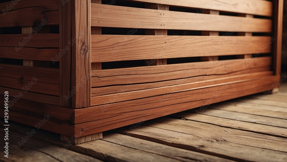 Brown wooden crate with slatted design on wooden floor ideal for text overlay or rustic display background. Brown wooden crate with slatted design on wooden floor ideal for text overlay or rustic display background.