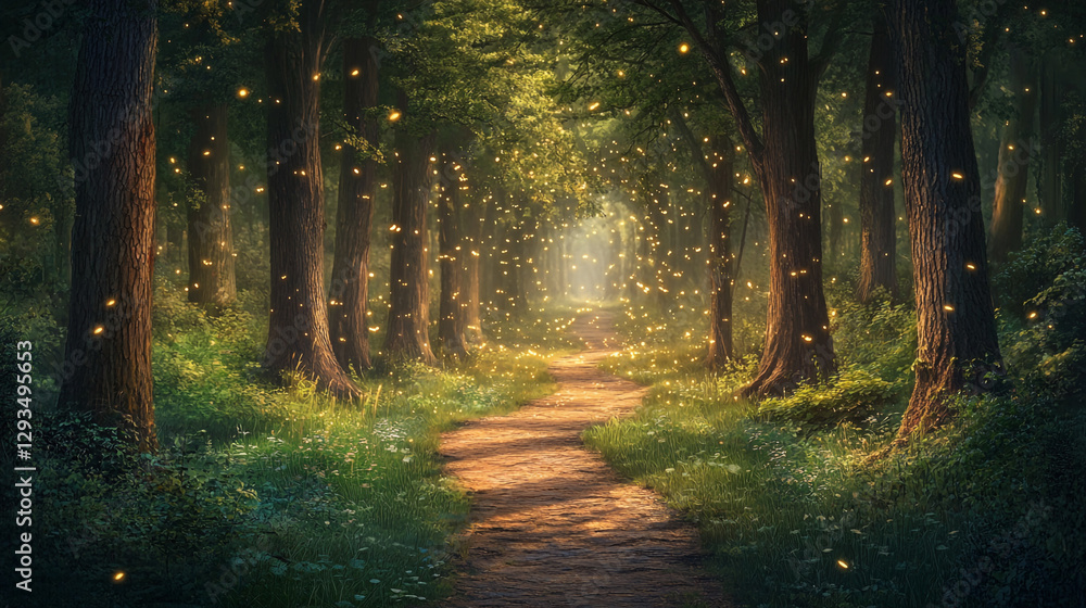 Fototapeta premium Magical firefly lit forest path summer night enchanting nature scene glow dark trees woods light