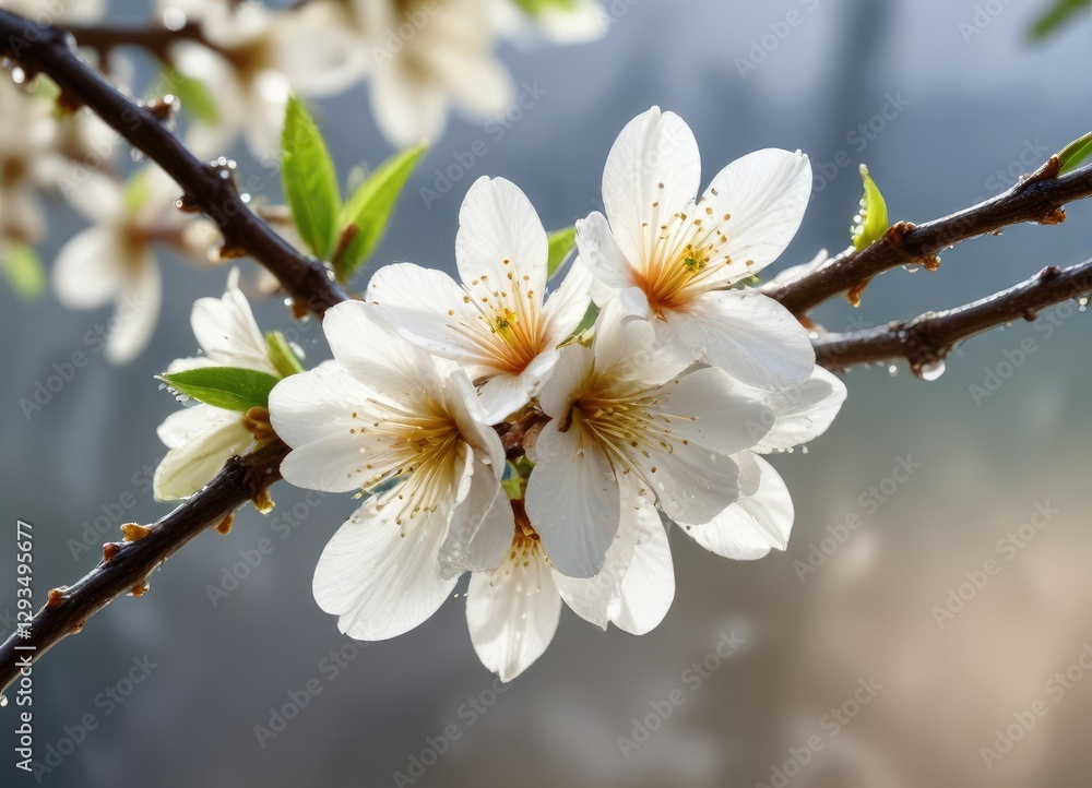 White almond flower on a branch with dew drops glistening in the morning light, branches with flowers, dew drop