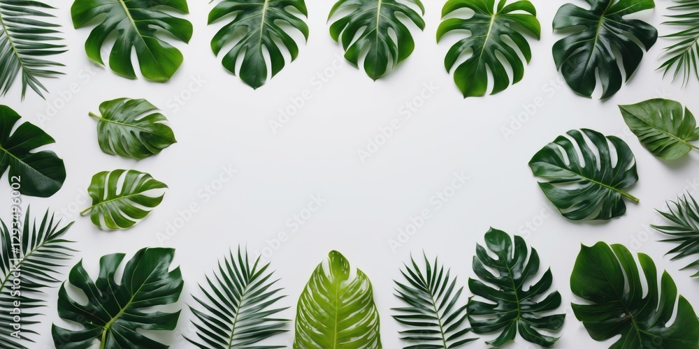 Tropical Leaves Arrangement on White Background for Freshness with Space for Custom Text in Banner Design Tropical Leaves Arrangement on White Background for Freshness with Space for Custom Text in Banner Design