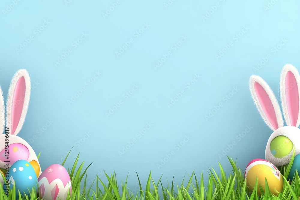 Fototapeta premium A vibrant Easter frame featuring colorful eggs and bunny ears on a soft blue background