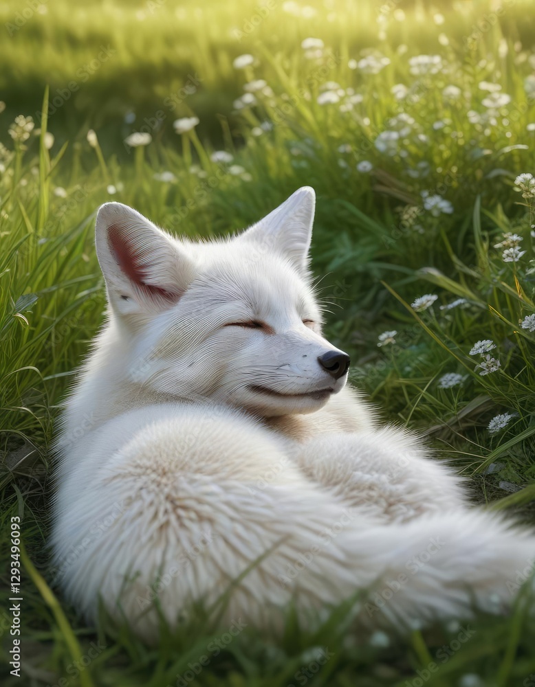 Obraz premium White fox peacefully dreaming while sleeping in the grass, wild animal, imaginary, asleep, dreaming