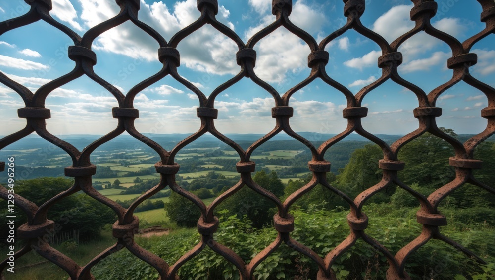 Fototapeta premium Scenic landscape framed by intricate iron mesh showcasing nature's beauty and expansive fields under a blue sky with scattered clouds.