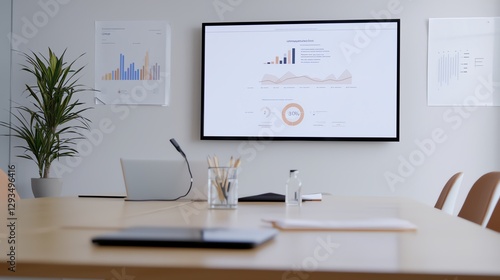 Wallpaper Mural Minimalist meeting room setup with a presentation screen showing graphs and charts, perfect for modern offices. Torontodigital.ca