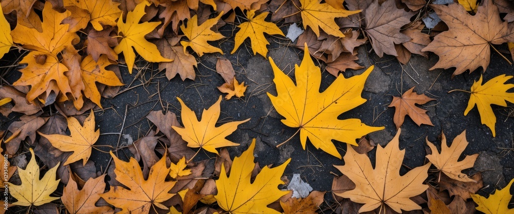 Close-up of colorful autumn leaves in yellow and brown hues on the ground ideal for fall-themed projects and seasonal marketing materials. Close-up of colorful autumn leaves in yellow and brown hues on the ground ideal for fall-themed projects and seasonal marketing materials.