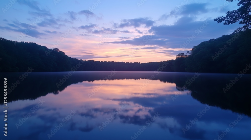 Fototapeta premium A still lake with a perfectly mirrored sky at twilight