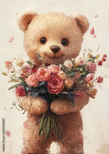 Teddy bear holding bouquet of flowers. Festive illustration for birthday, Mother's Day, wedding