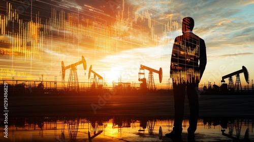 Confident Business Professional in Formal Attire at Sunset Oilfield