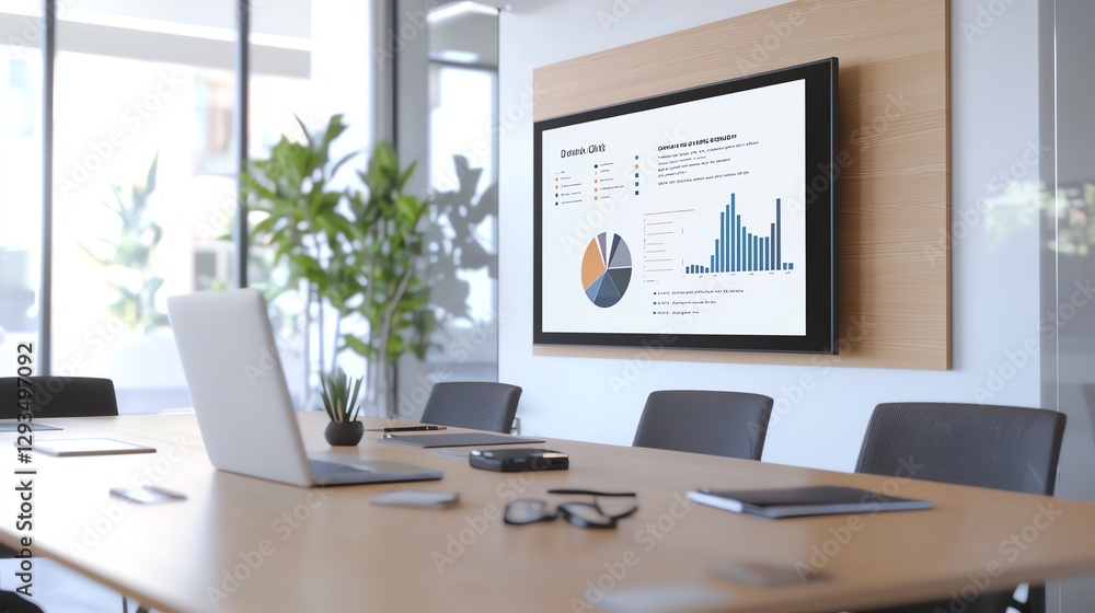 Fototapeta premium Modern conference room with a presentation screen displaying charts for business meeting or corporate strategy.