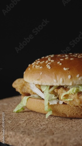 A delicious crispy chicken burger rotates on a dark background, showcasing its golden sesame seed bun, fresh lettuce, and crunchy fried chicken fillet. Close up shot