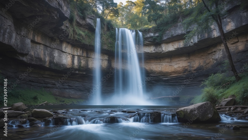 Obraz premium Majestic Waterfall Cascading in Lush National Park Surrounded by Greenery with Long Exposure Effect and Space for Custom Text