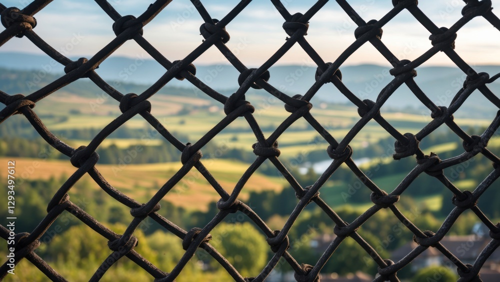 Fototapeta premium Landscape view framed by iron mesh showcasing rolling hills and serene countryside under a clear sky.