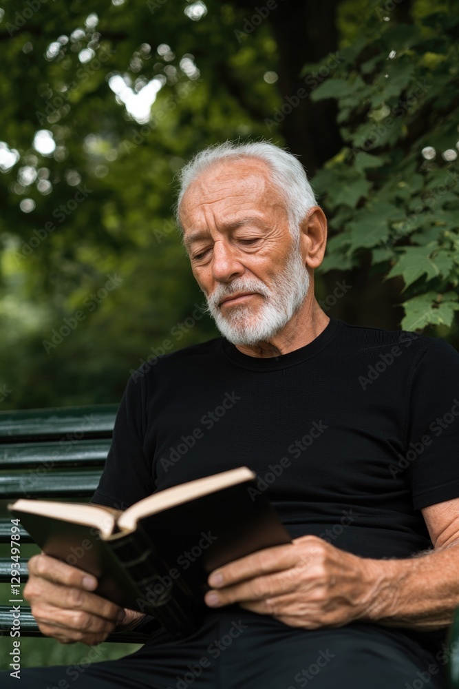 Elderly man immersed in reading, surrounded by lush greenery, se Elderly man immersed in reading, surrounded by lush greenery, se