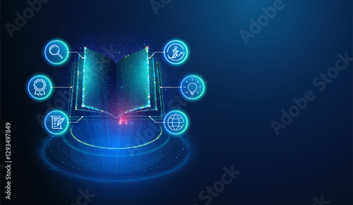 Open Book With Creative Lineart Icons. Abstract geometric illustration depicting education, self-development, creativity, online education concept made of glowing neon particles on blue background
