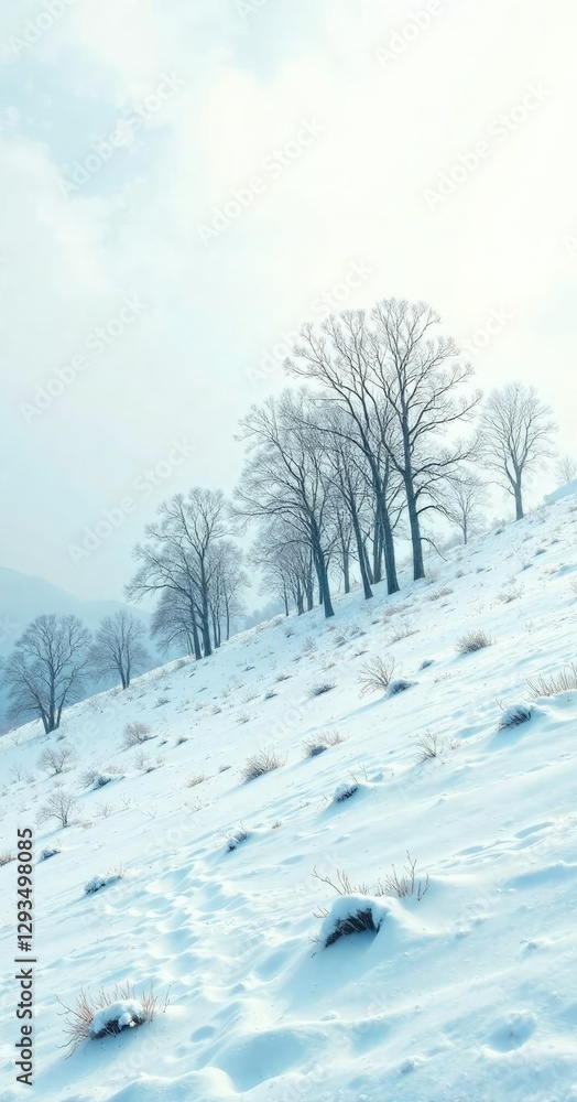Winter scenery of a snowy hill with bare trees , landscape, tree, frost Winter scenery of a snowy hill with bare trees , landscape, tree, frost
