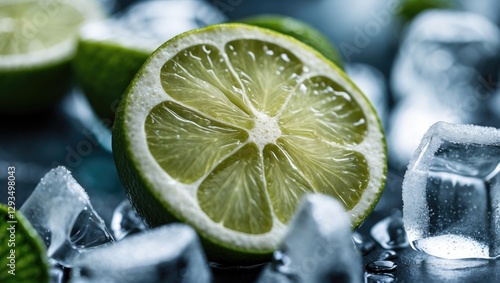 Fresh Lime Slice on Ice with Cocktail Elements and Clear Copy Space for Refreshing Beverage Promotions photo