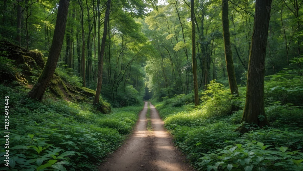 Lush Green Forest Pathway Surrounded by Dense Foliage on a Bright Summer Day Lush Green Forest Pathway Surrounded by Dense Foliage on a Bright Summer Day