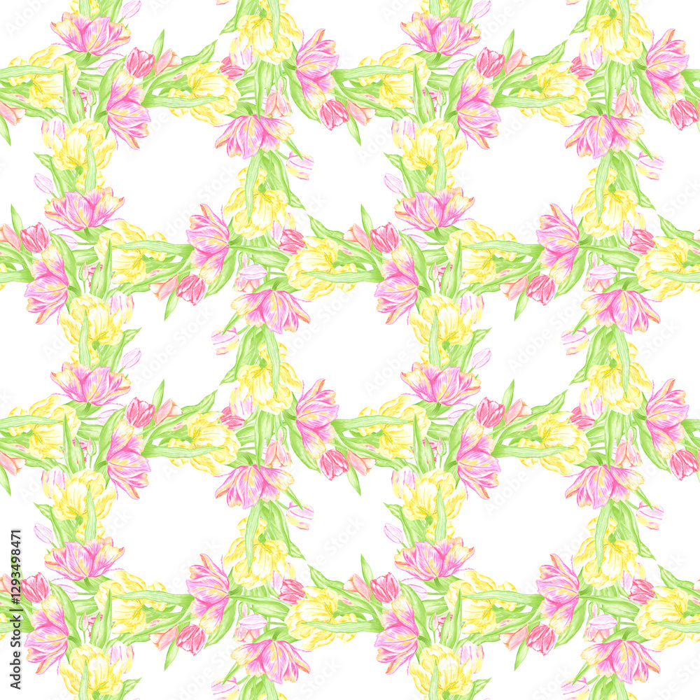 Hand drawn watercolor pink and yellow tulips with green leaves wreath seamless pattern. Illustration isolated on white background. Can be used for textile, fabric, wrapping and other printed products.