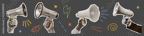 Sat of various Hands holding Loudspeakers - torn out paper sticker for collage . Retro megaphone with textured hand drawn pencil doodles. Vector halftone illustration Grunge punk elements collection.