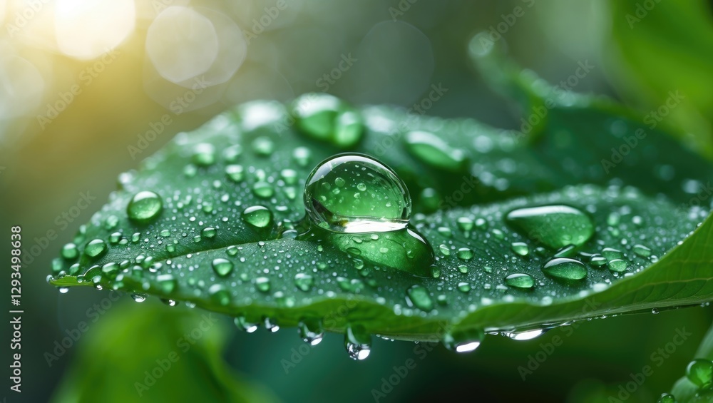 Water droplets on a vibrant green leaf with a soft blurred background highlighting nature's beauty and freshness. Water droplets on a vibrant green leaf with a soft blurred background highlighting nature's beauty and freshness.