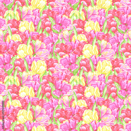 Hand drawn watercolor colorful tulips with green leaves seamless pattern. Solid illustration. Can be used for textile, fabric, wrapping and other printed products.