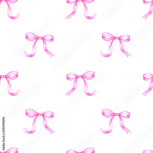 Hand drawn watercolor pink bow seamless pattern. Illustration isolated on white background. Can be used for textile, fabric, wrapping and other printed products. photo