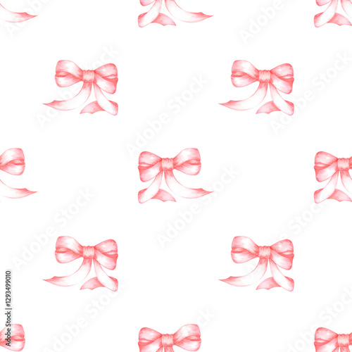 Hand drawn watercolor red bow seamless pattern. Illustration isolated on white background. Can be used for textile, fabric, wrapping and other printed products.