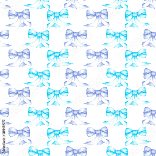 Hand drawn watercolor light blue and navy blue bow seamless pattern. Illustration isolated on white background. Can be used for textile, fabric, wrapping and other printed products.