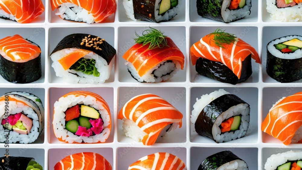 Assorted Sushi Delicacies Presented in a Clean White Frame Arrangement Ideal for Culinary or Food Promotion Uses Assorted Sushi Delicacies Presented in a Clean White Frame Arrangement Ideal for Culinary or Food Promotion Uses