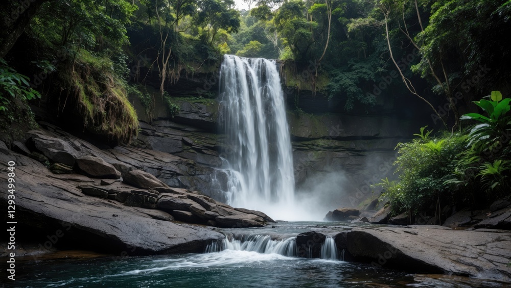 Obraz premium Majestic waterfall cascading over rocky terrain in lush rainforest setting with serene water pool and empty space for text.