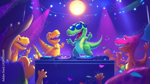 Fototapeta Naklejka Na Ścianę i Meble -  Dinosaurs enjoy a vibrant dance party with colorful lights and lively music at a lively venue