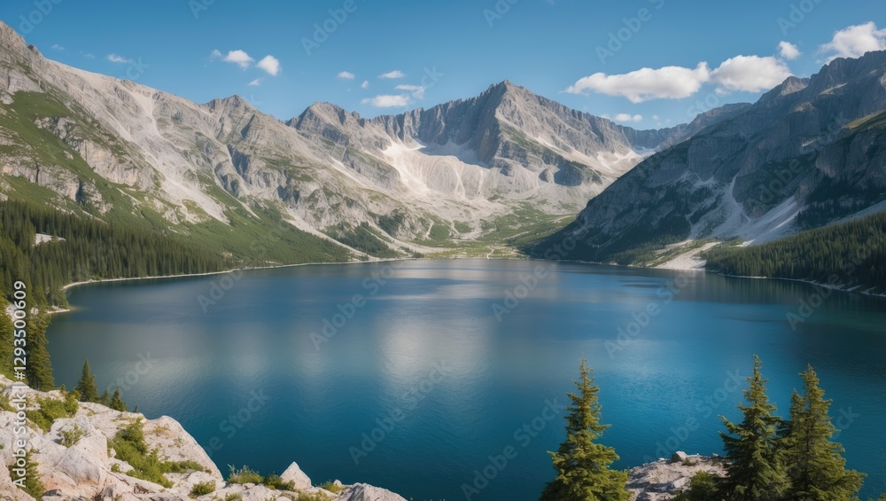 Scenic Mountain Lake View with Clear Blue Water and Lush Forest Reflections Under a Bright Sky Ideal for Nature and Outdoor Themes Scenic Mountain Lake View with Clear Blue Water and Lush Forest Reflections Under a Bright Sky Ideal for Nature and Outdoor Themes
