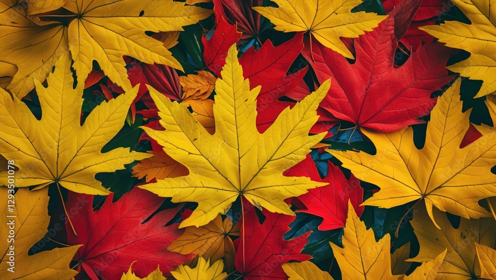 Colorful autumn leaves in vibrant yellow and red shades arranged in a visually striking pattern showcasing fall's beauty and diversity. Colorful autumn leaves in vibrant yellow and red shades arranged in a visually striking pattern showcasing fall's beauty and diversity.