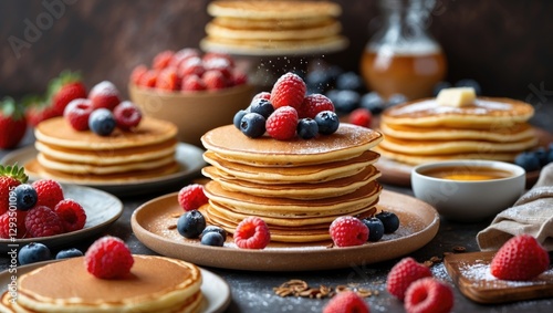 Pancakes topped with fresh berries and syrup served on rustic plates with a warm cozy background perfect for breakfast or brunch themes. photo