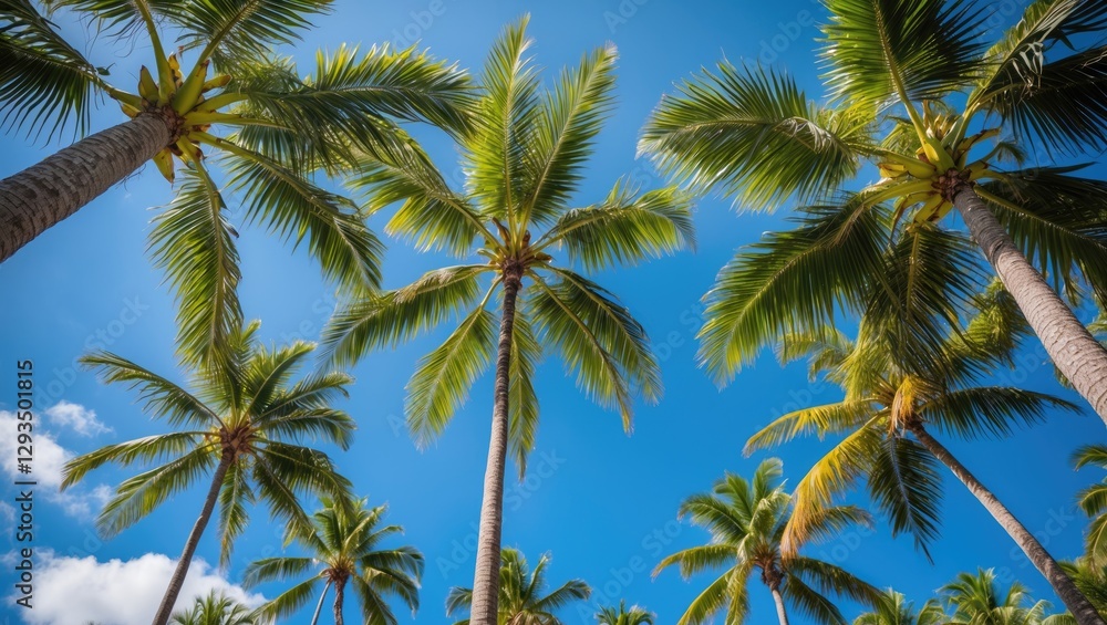 Lush Green Palm Tree Canopy Against a Clear Blue Sky from Below in a Tropical Paradise Setting Lush Green Palm Tree Canopy Against a Clear Blue Sky from Below in a Tropical Paradise Setting