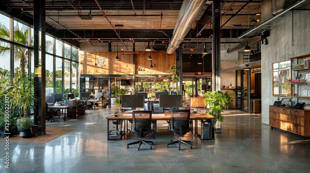Fototapeta premium Modern office design, featuring cutting-edge technology, ergonomic furniture, and open layouts to enhance productivity and collaboration in a dynamic work environment