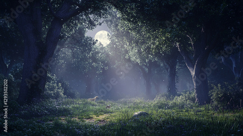 Serene moonlight night in a magical forest with dogs calm dark blue trees woods grass green nature